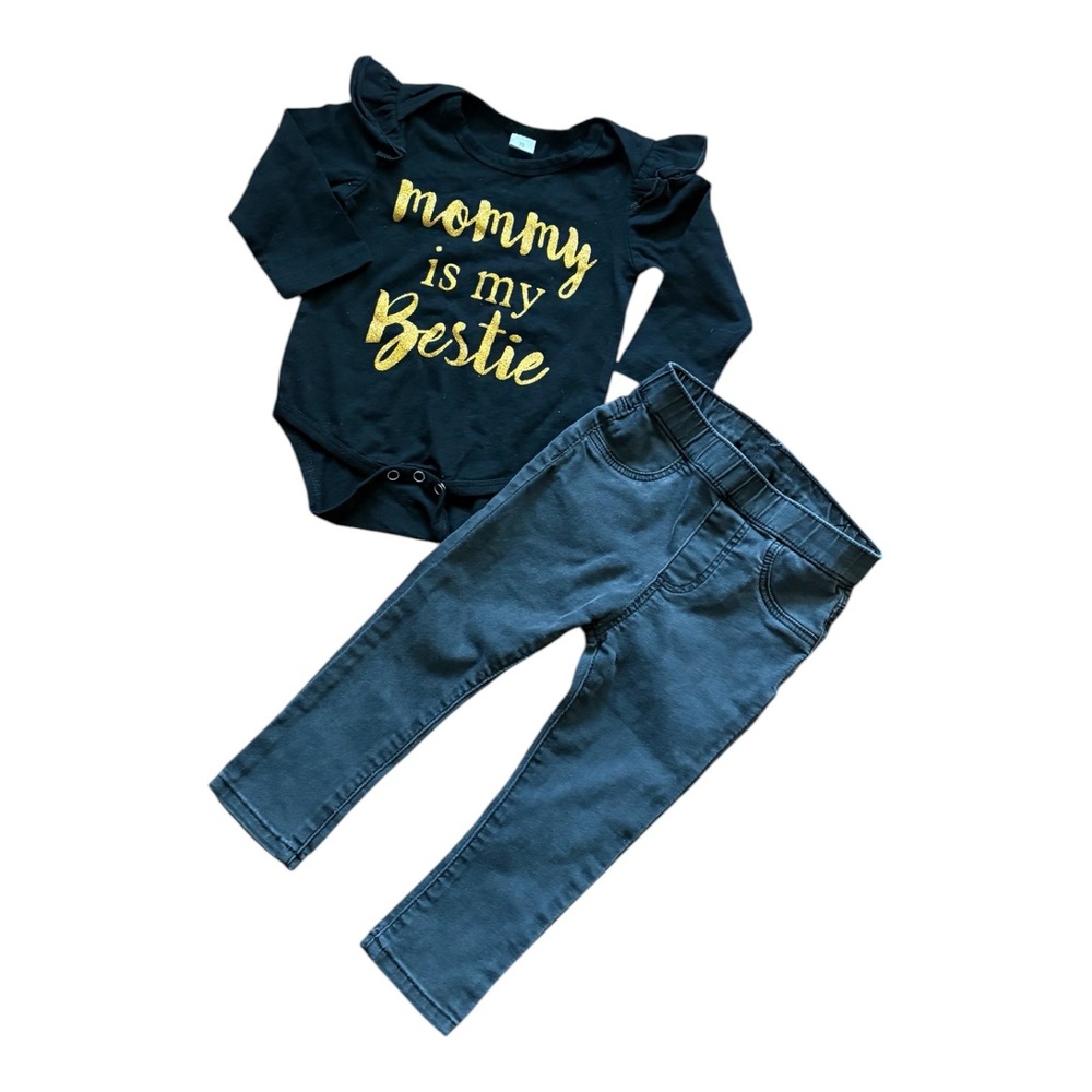 H&M Baby Girls Mommy Is My Bestie Bodysuit and Black Stretch Denim Set 12-18M